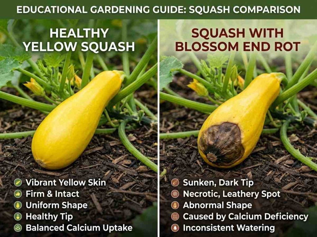 Close up of Blossom End Rot on Yellow Squash with visible fruit damage