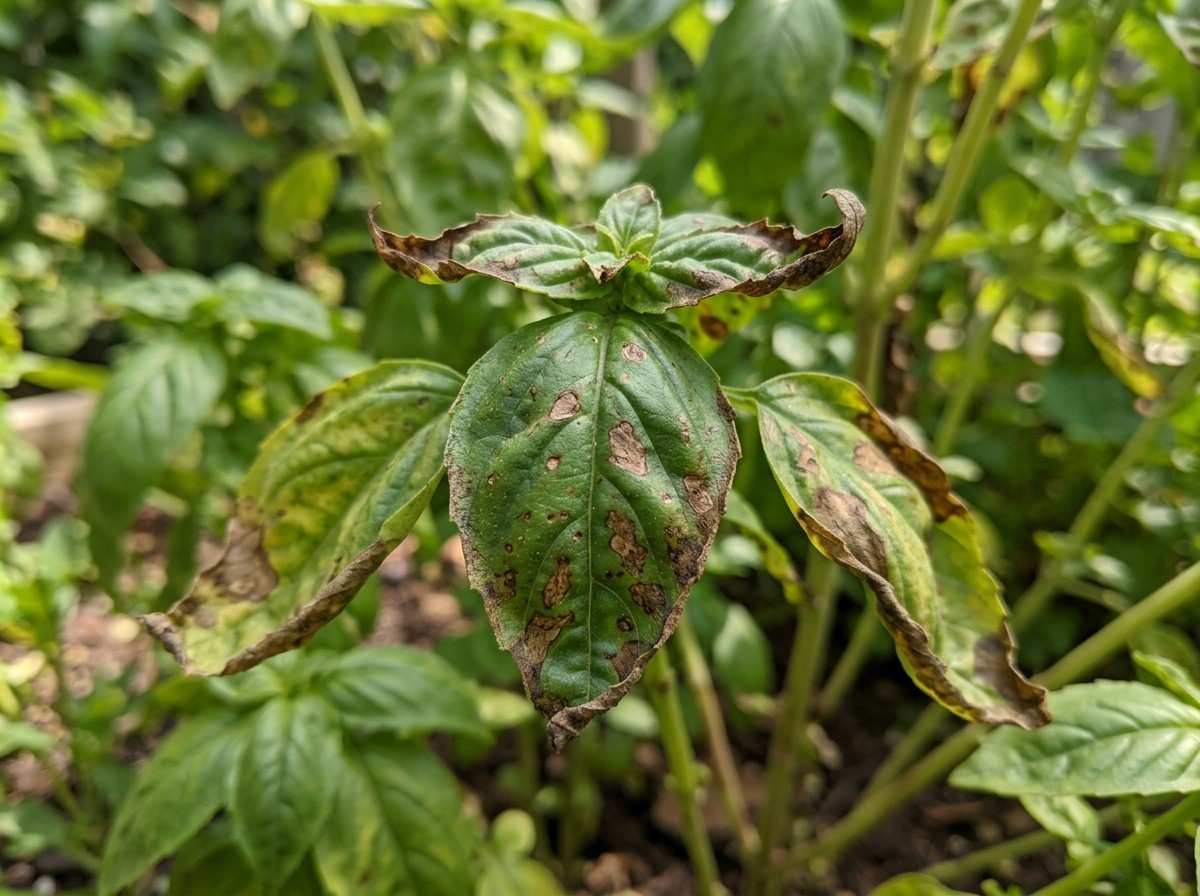 Brown Spots on Basil Plant affecting healthy growth and leaf quality