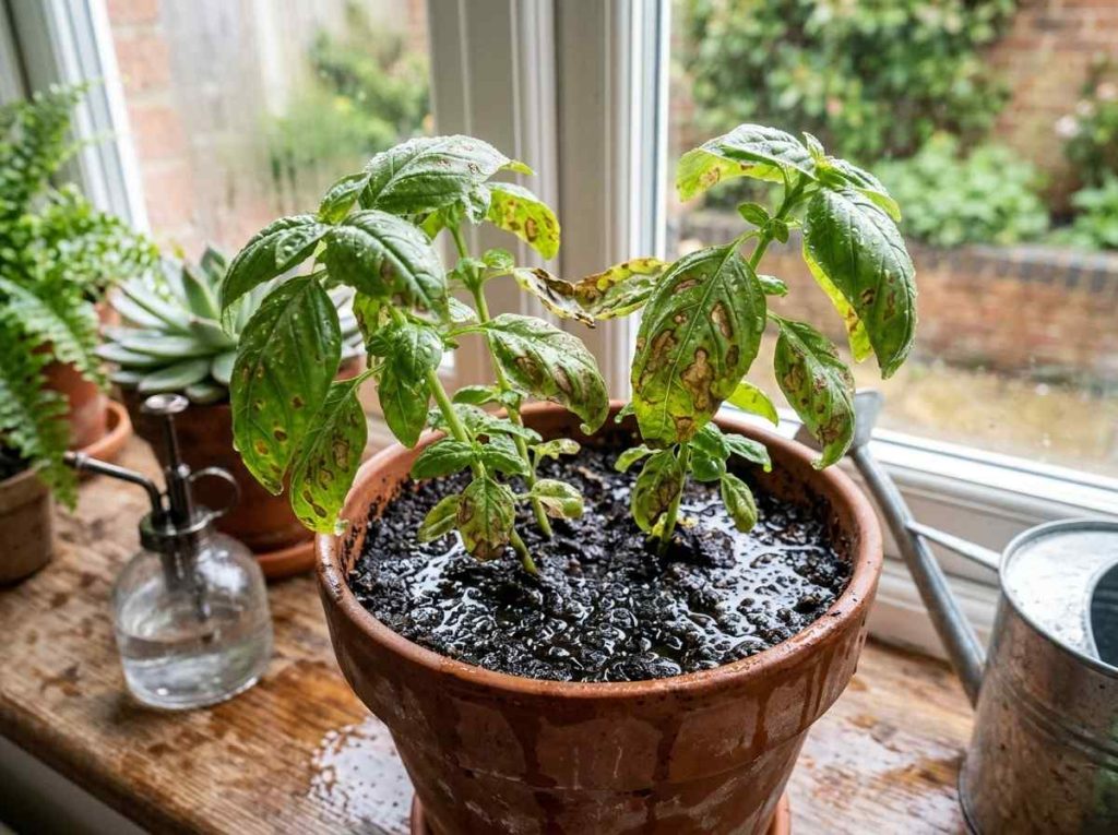 Brown Spots on Basil Plant caused by fungal disease or overwatering