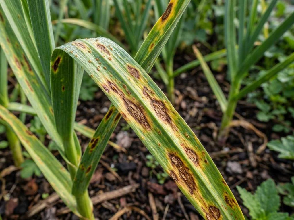 Brown Spots on Garlic showing damaged garlic leaves with visible brown patches