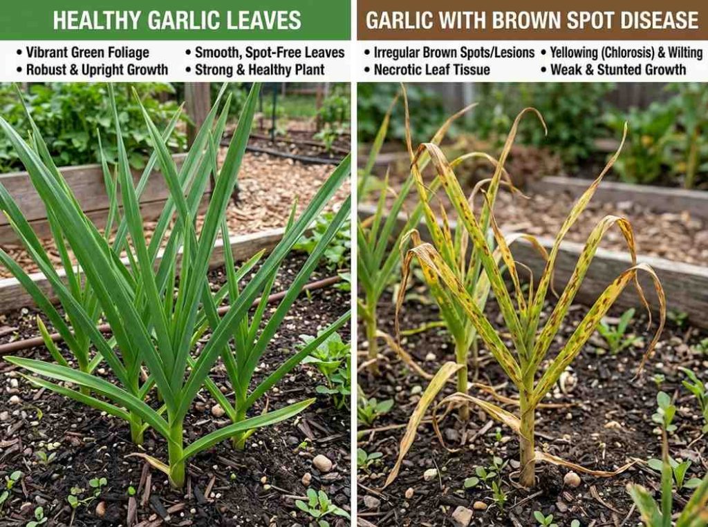 Brown Spots on Garlic affecting healthy garlic growth and bulb quality