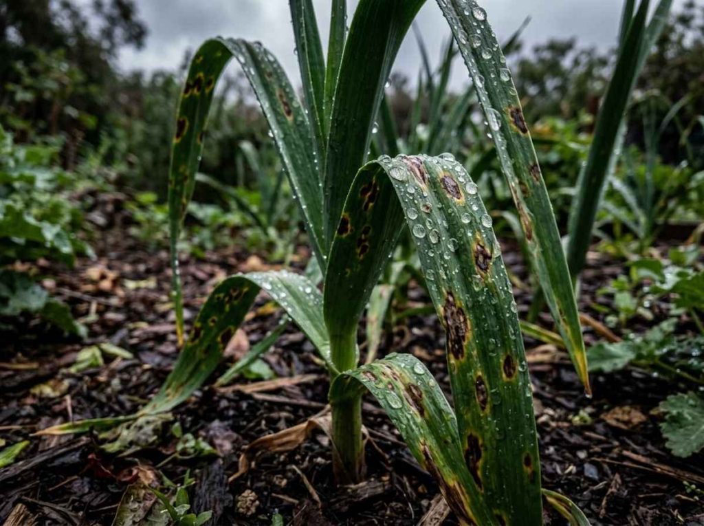 Brown Spots on Garlic caused by fungal disease or environmental stress
