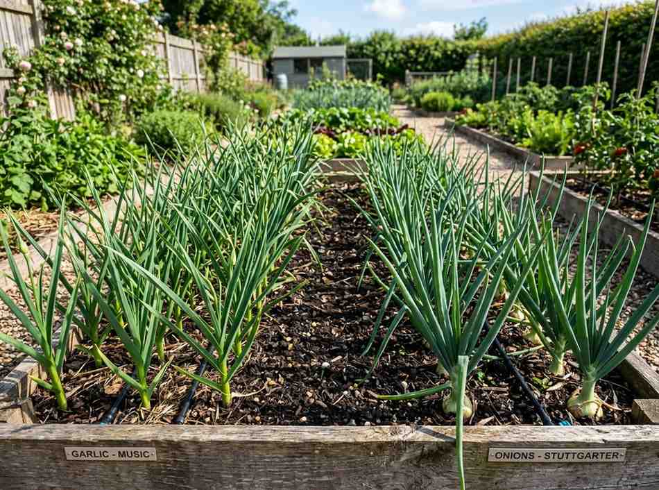 Can You Grow Onions And Garlic Together showing companion planting in garden beds
