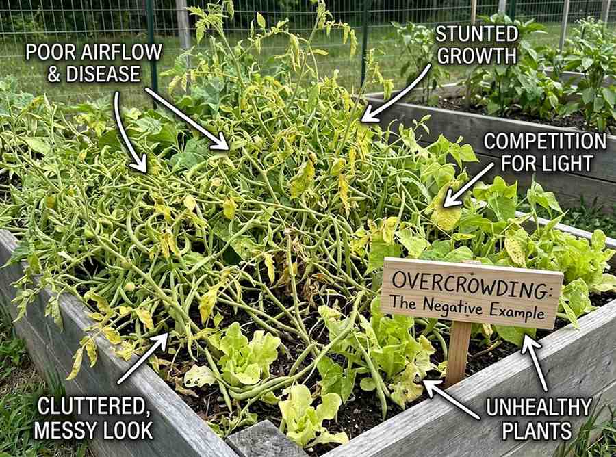 Common vegetable gardening mistakes showing overwatered plants in garden
