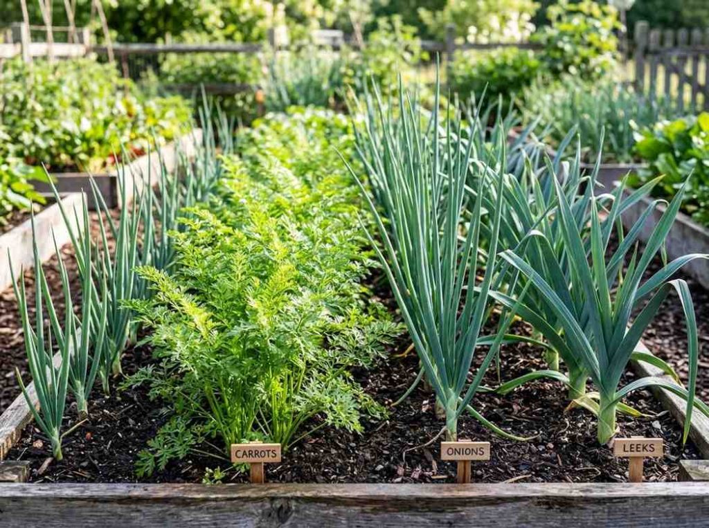 Companion Plants for Carrots showing carrots growing beside onions and herbs