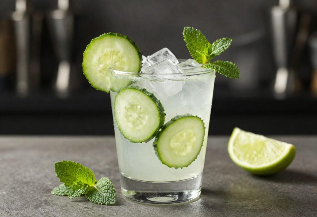 Cucumber Vodka Drink Recipes served with fresh cucumber slices and mint