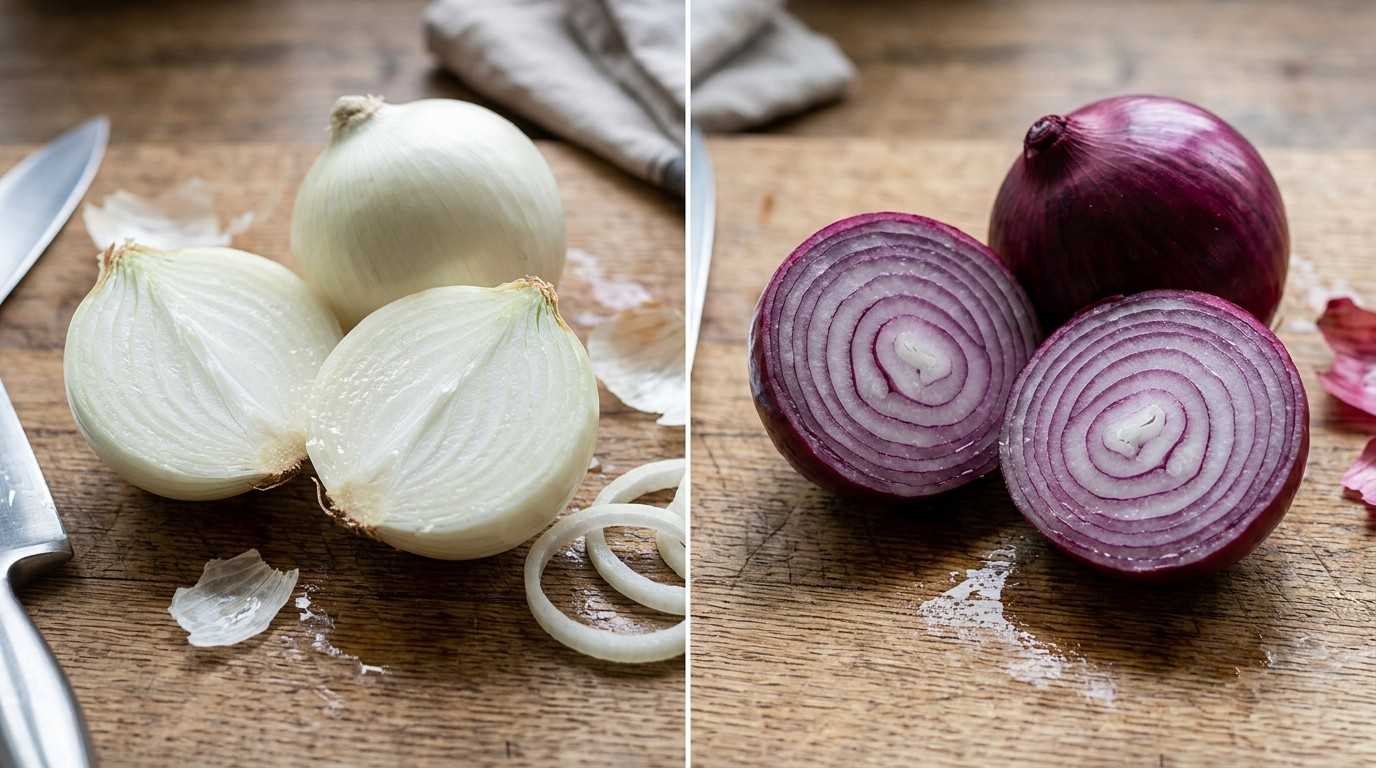 Difference between White And Red Onion showing side by side onion comparison