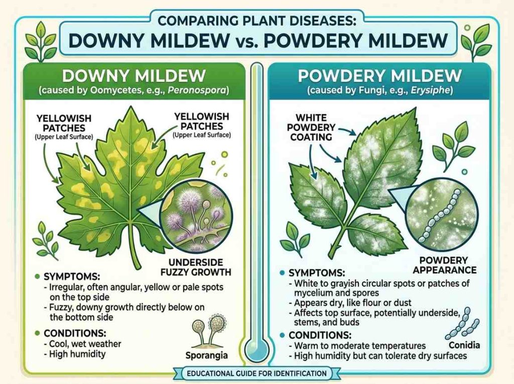 Downy Mildew Vs Powdery Mildew showing side by side leaf infection comparison
