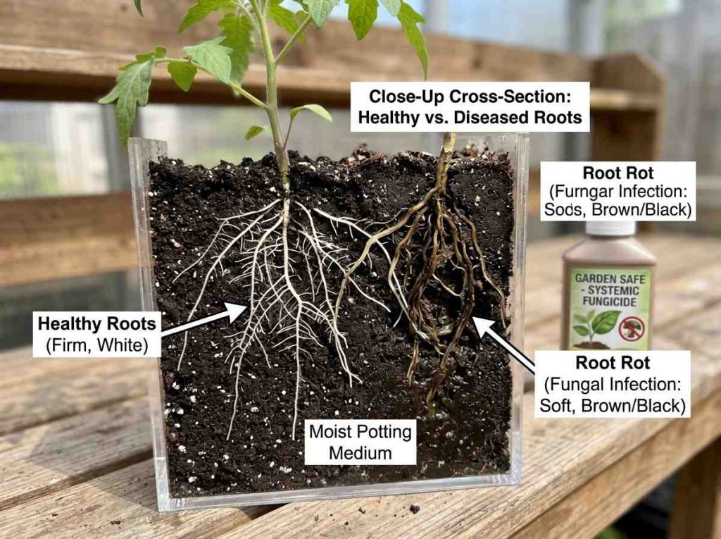 Fungicide for Root Rot showing treatment of damaged roots and soil