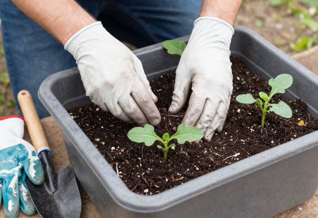 Growing Watermelon in Containers with developing fruits and strong vine growth