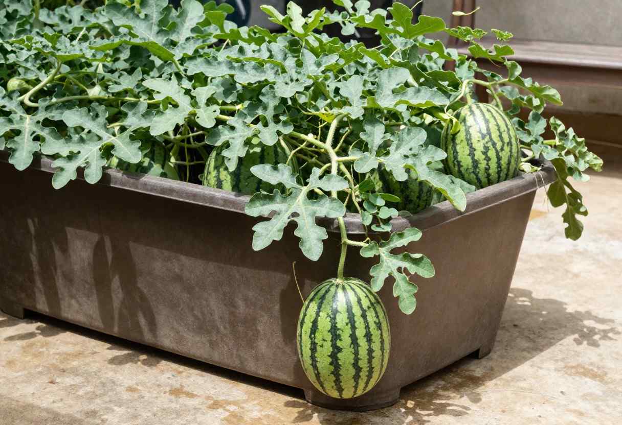 Growing Watermelon in Containers showing healthy watermelon vines in large pots