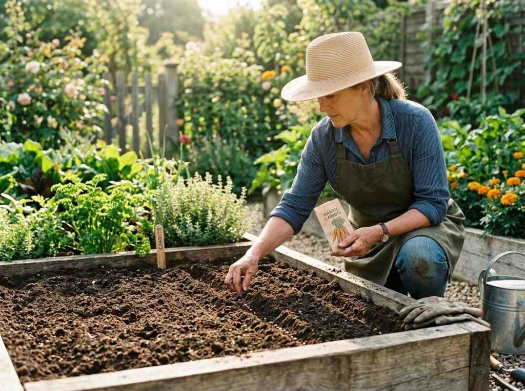How Deep to Plant Carrot Seeds showing correct seed depth in garden soil