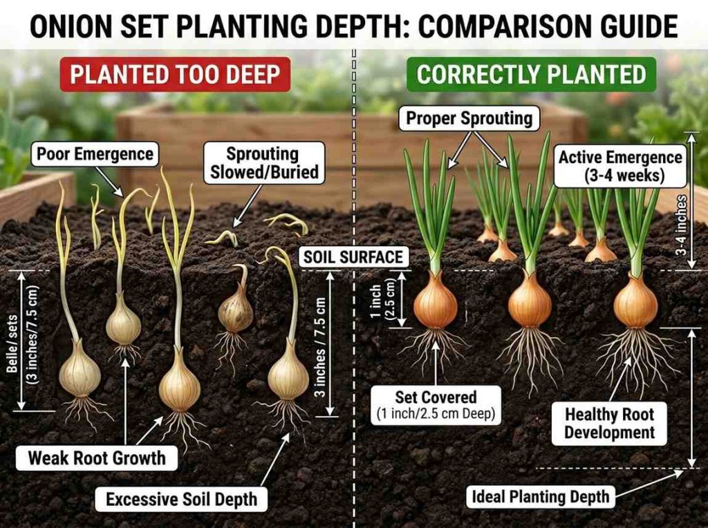 How Deep to Plant Onion Sets showing correct planting depth in garden soil