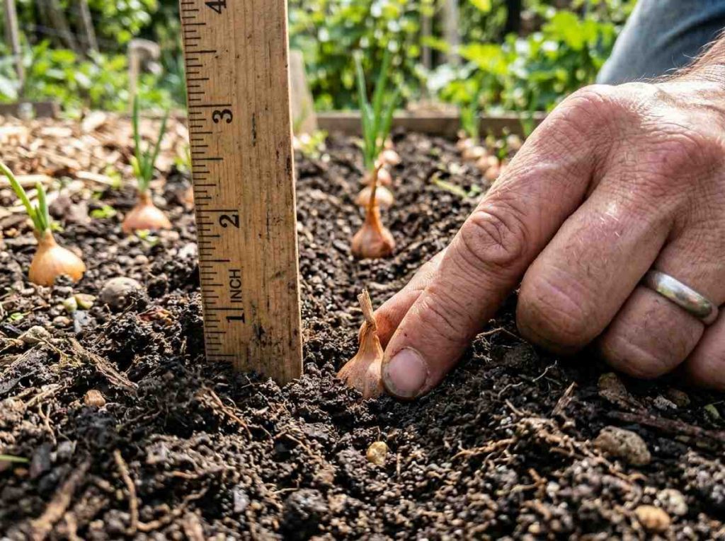 How Deep to Plant Onion Sets demonstrating proper placement in soil