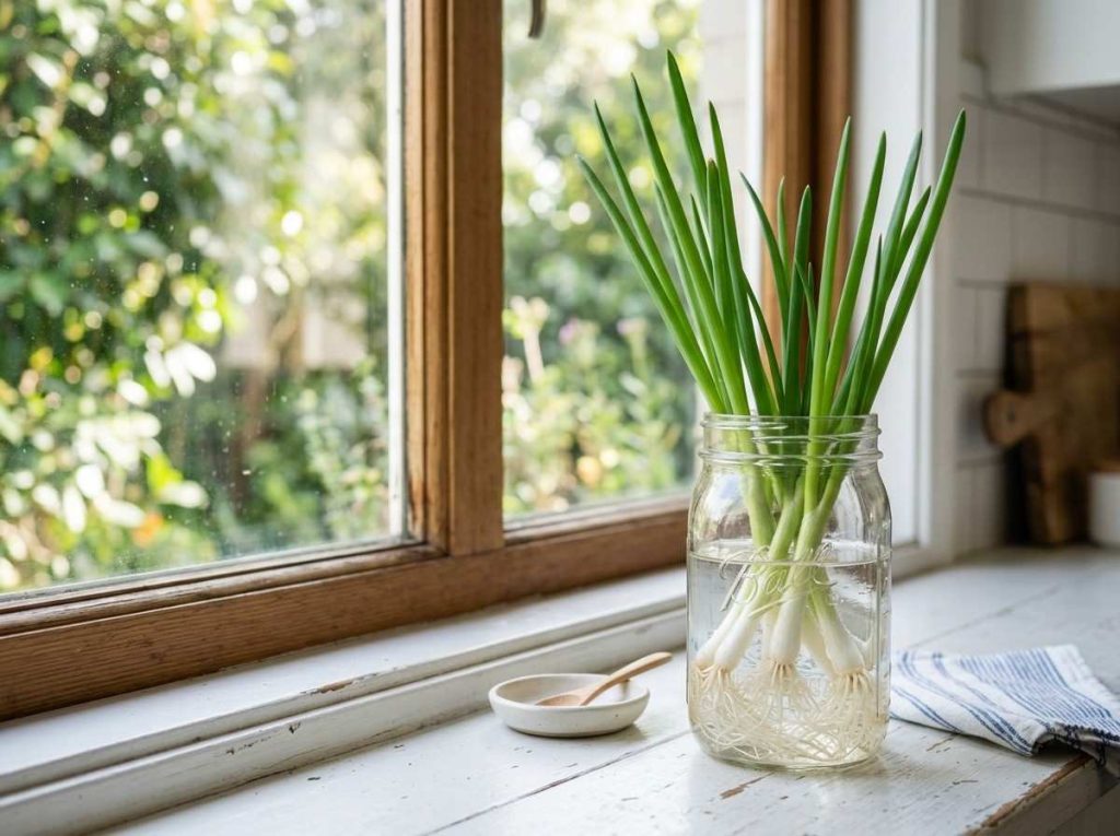 How Do You Grow Green Onions in Water showing onion roots placed in a glass jar