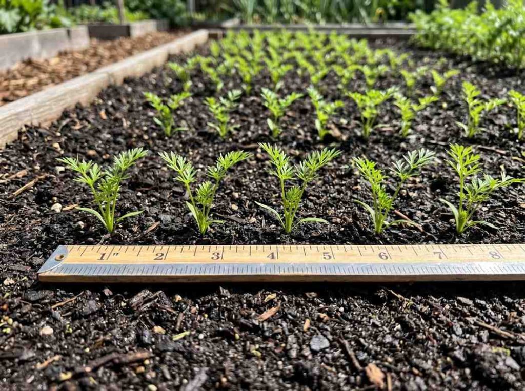 How Far Apart to Plant Carrots showing proper spacing between carrot seedlings