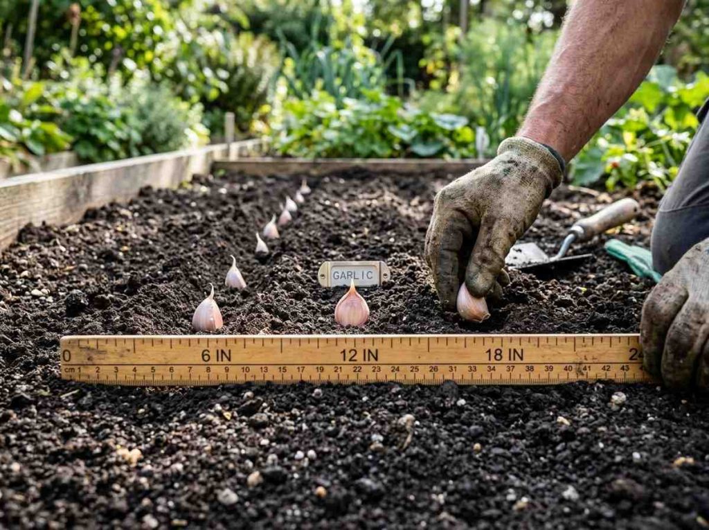 How Far Apart to Plant Garlic showing proper spacing between garlic cloves