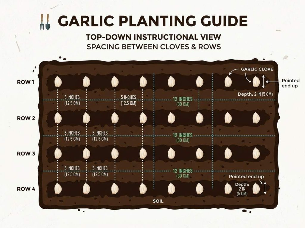 How Far Apart to Plant Garlic demonstrating spacing in home vegetable garden