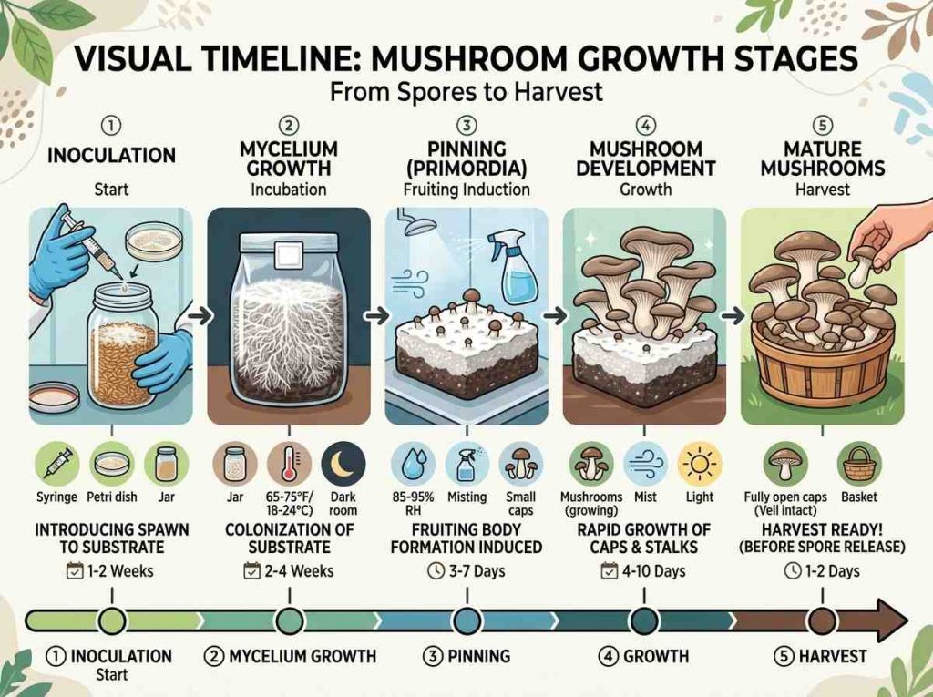 How Long Does It Take to Grow Mushrooms showing different mushroom growth stages