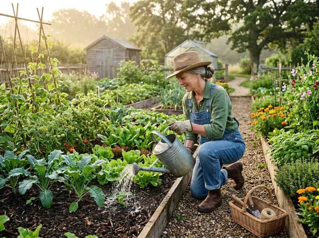 How Often to Water Vegetable Garden in Summer showing deep watering in garden beds