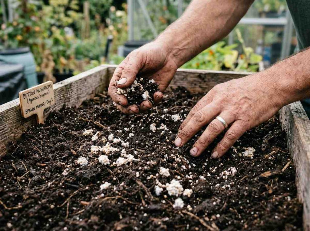 How to Grow Button Mushrooms showing mushrooms growing in compost trays indoors