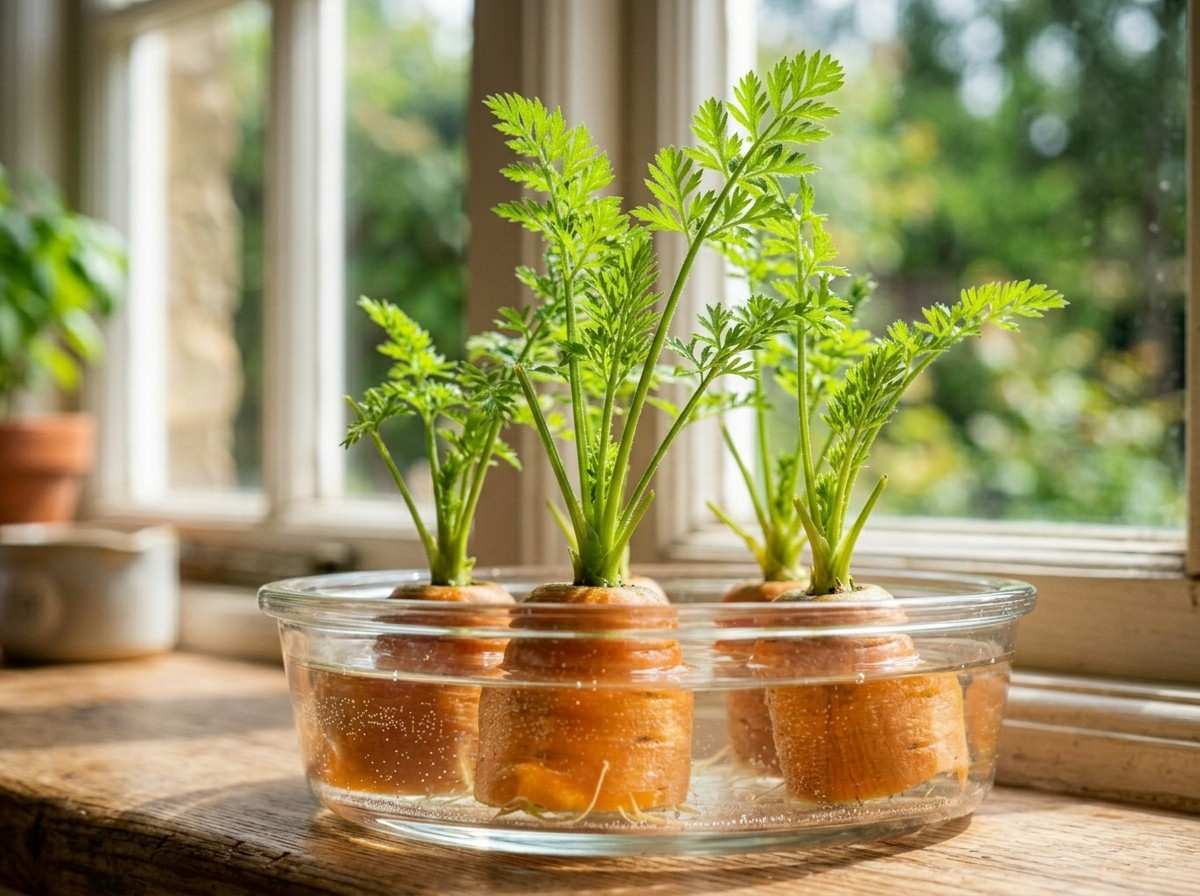 How to Grow Carrots from Carrot Tops showing carrot tops growing in water