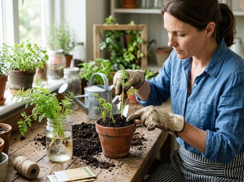 How to Grow Carrots from Carrot Tops with fresh green leaf regrowth