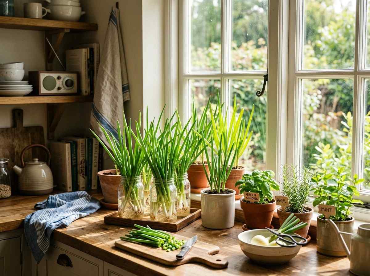 How to Grow Green Onions Inside showing green onions growing on a kitchen windowsill
