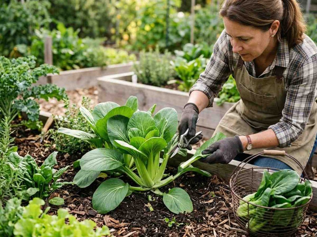 How to Harvest Bok Choy showing fresh bok choy ready for picking in garden