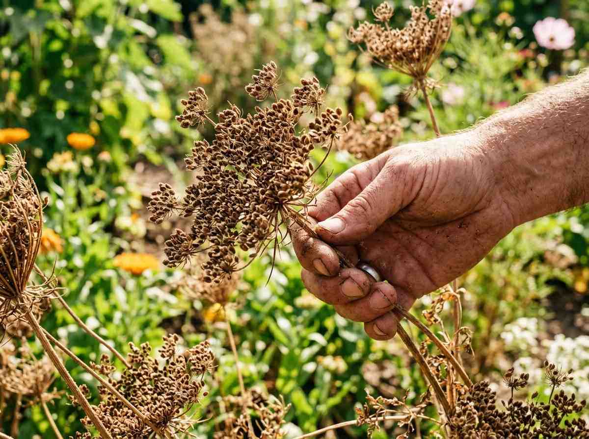 How to Harvest Carrot Seeds showing dried carrot flower heads ready for collection