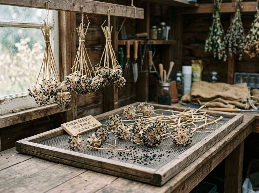 How to Harvest Onion Seeds by collecting seeds from mature onion flowers