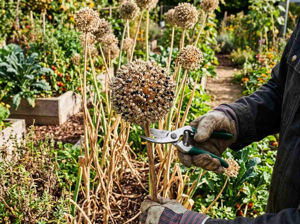 How to Harvest Onion Seeds showing dried onion flower heads ready for collection