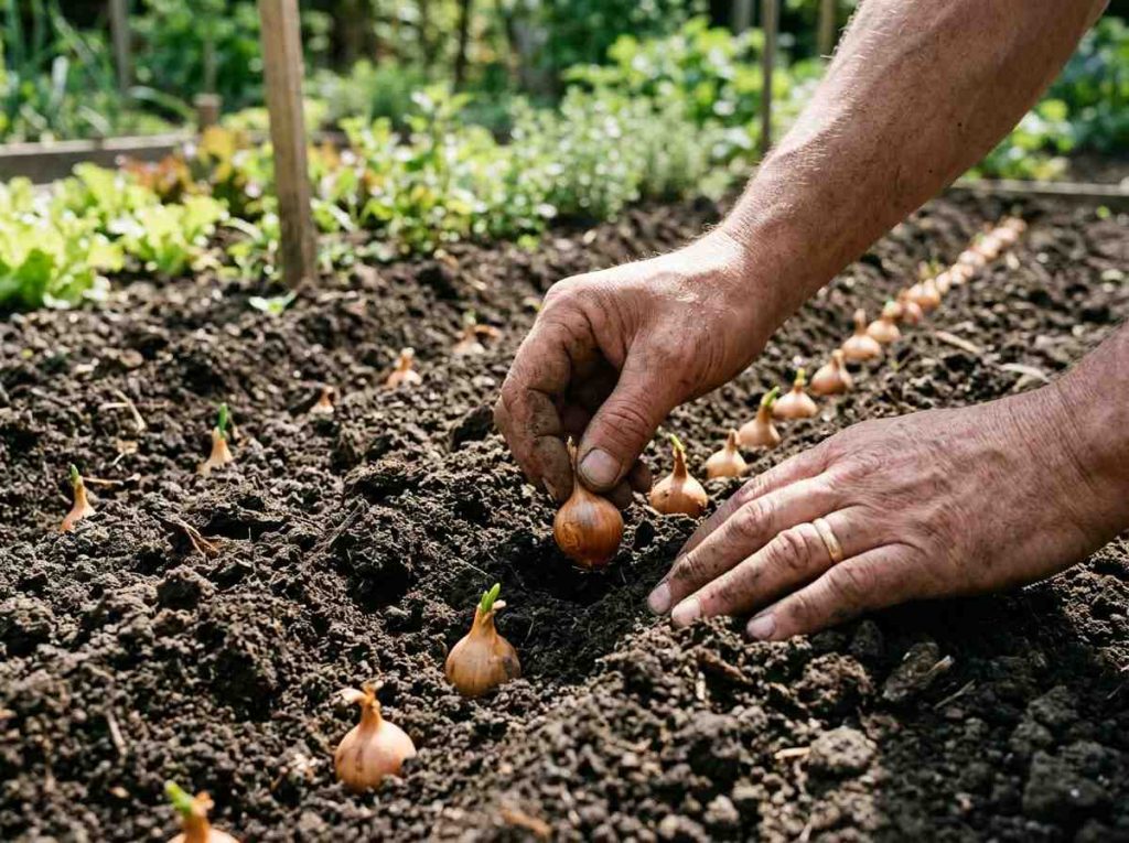 How to Plant Onion Sets showing onion sets placed in prepared garden soil