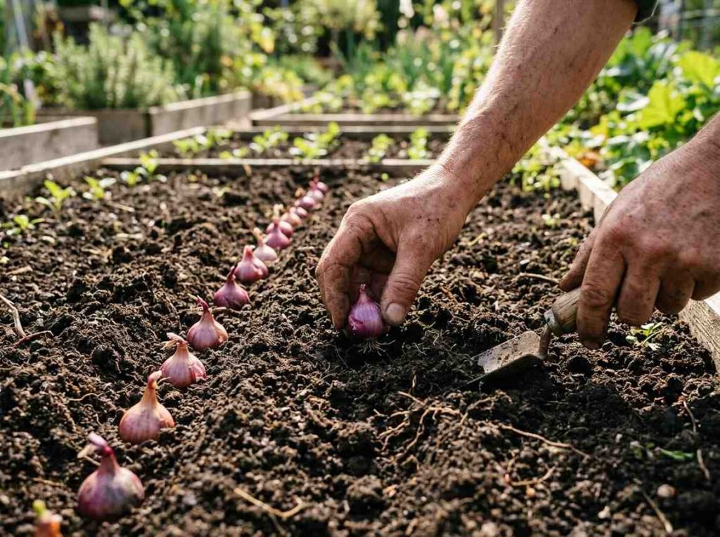 How to Plant Red Onions showing onion sets placed in garden soil