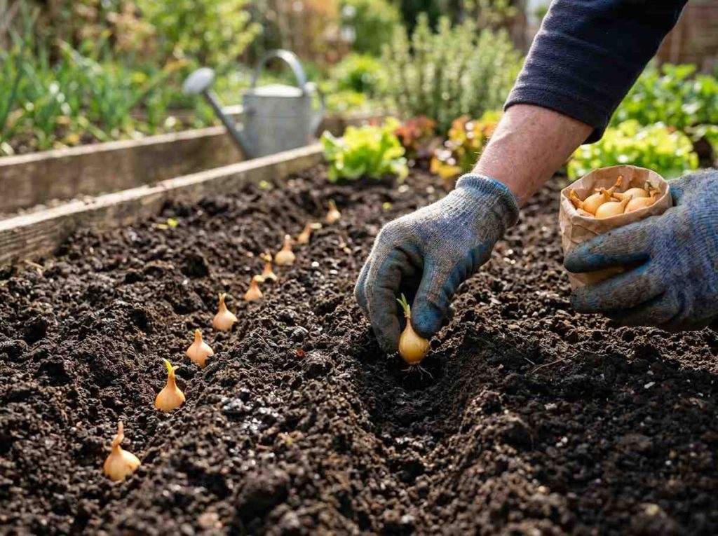 How to Plant Yellow Onions showing onion sets placed in garden soil