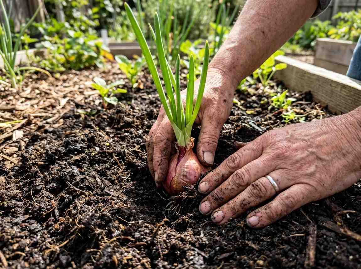 How to Plant an Onion That Has Sprouted showing sprouted onion placed in soil