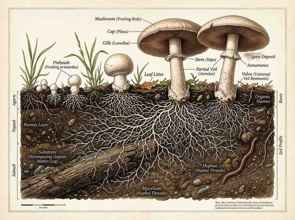 Is a Fungus the Same Thing As a Mushroom illustrating fungal life cycle and structure