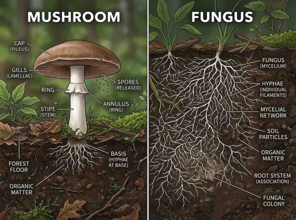 Is a Fungus the Same Thing As a Mushroom showing comparison between fungi and mushrooms