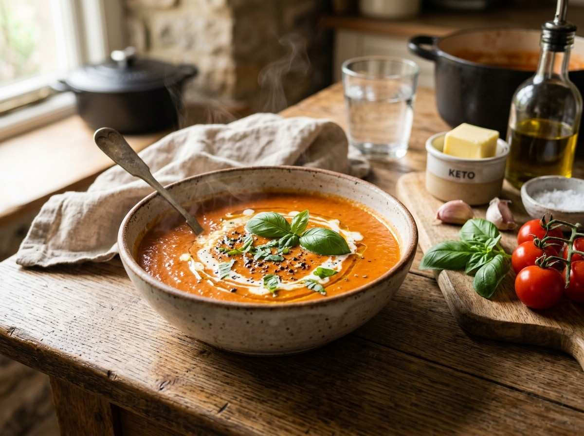 Keto Tomato Soup Recipe showing creamy low carb tomato soup in a bowl