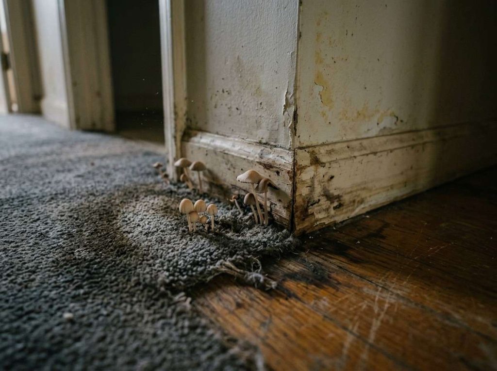 Mushrooms Growing in House showing fungi appearing on indoor floor surface