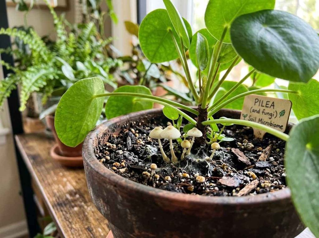 Mushrooms in Potting Soil caused by excess moisture and organic matter