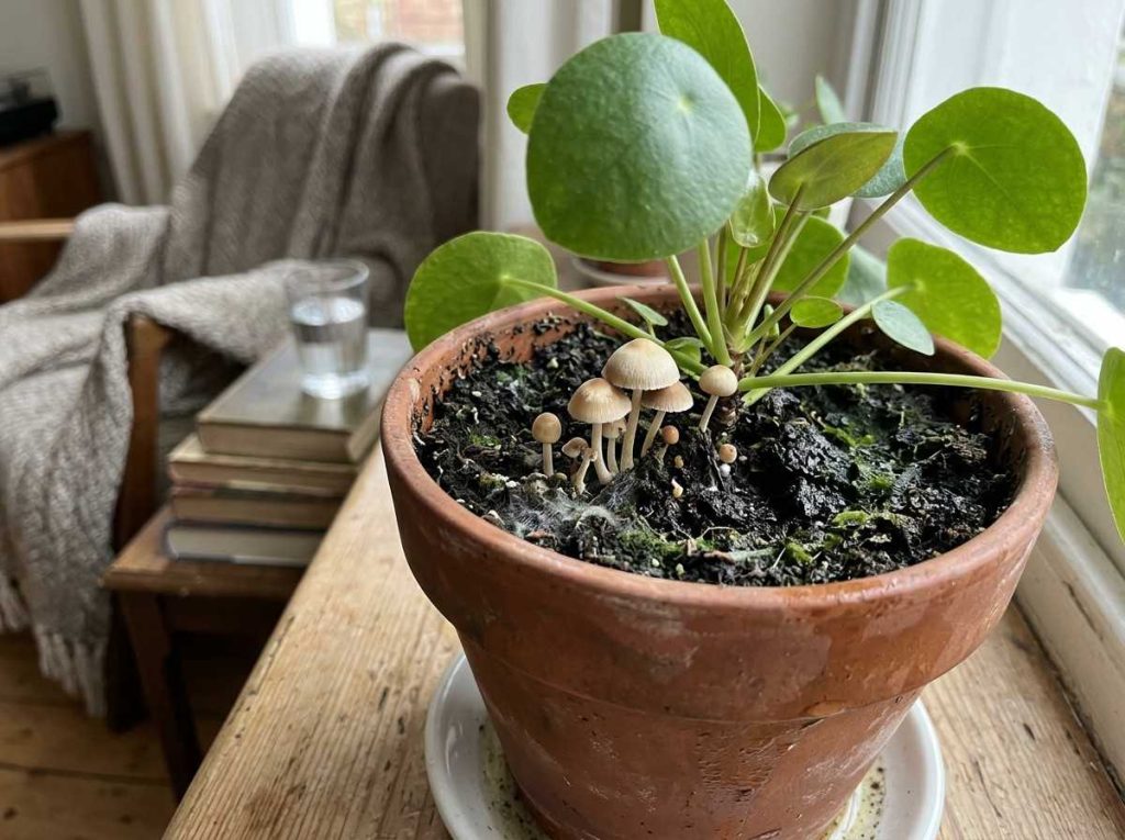 Mushrooms in Potting Soil in container plants with damp soil conditions
