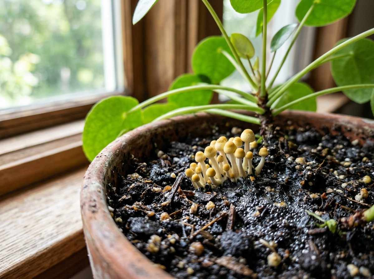 Mushrooms in Potting Soil showing small fungi growing in indoor plant pot