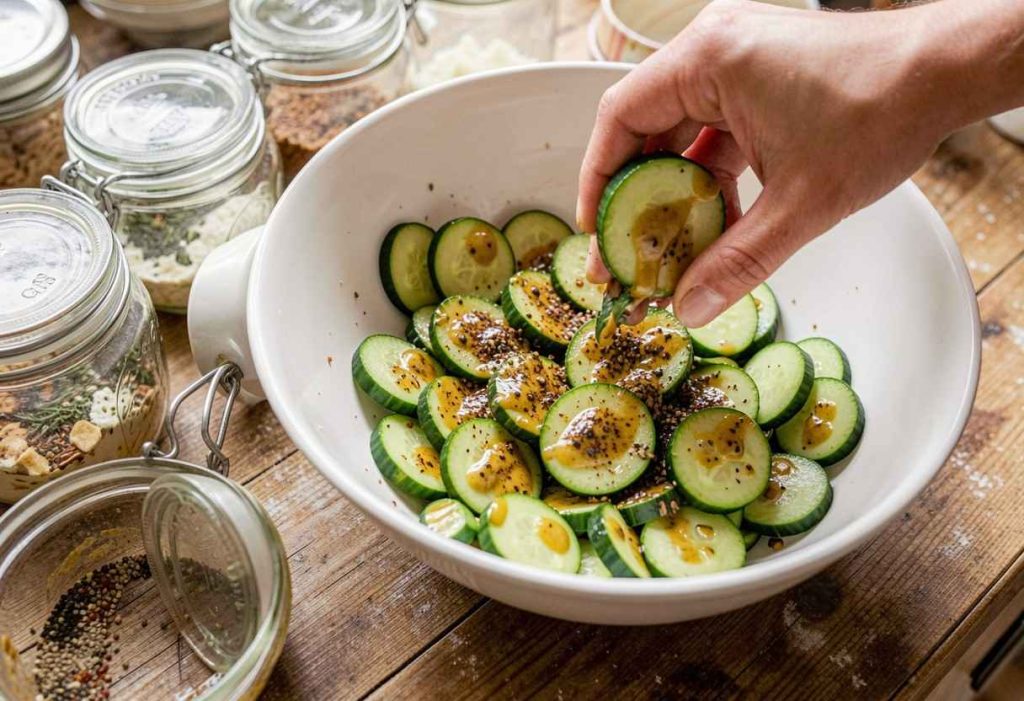 Mustard Cucumber Pickle Recipe served in glass jars with mustard seasoning