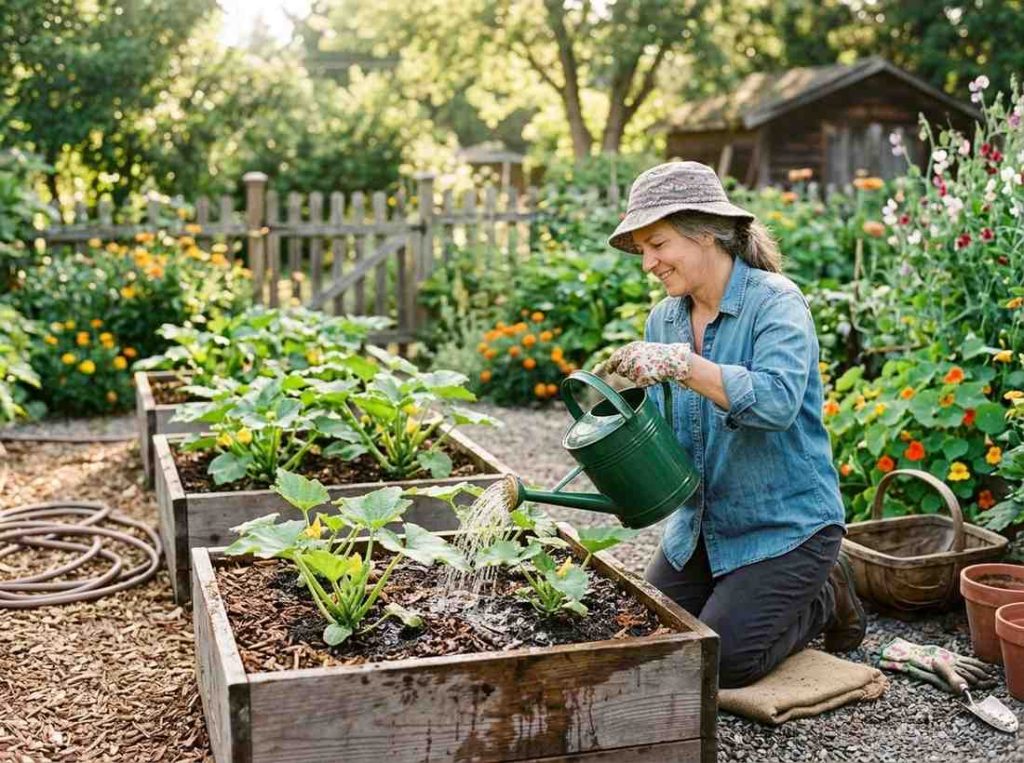 Planting Squash in Containers with healthy leaves and developing fruits