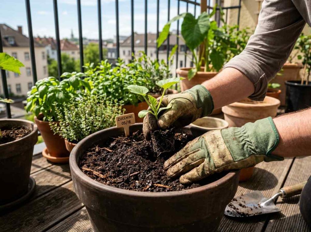 Planting Squash in Containers showing squash seedlings growing in large pots