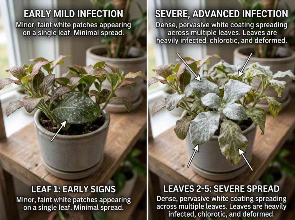 Powdery Mildew Indoor Plants visible on indoor garden foliage