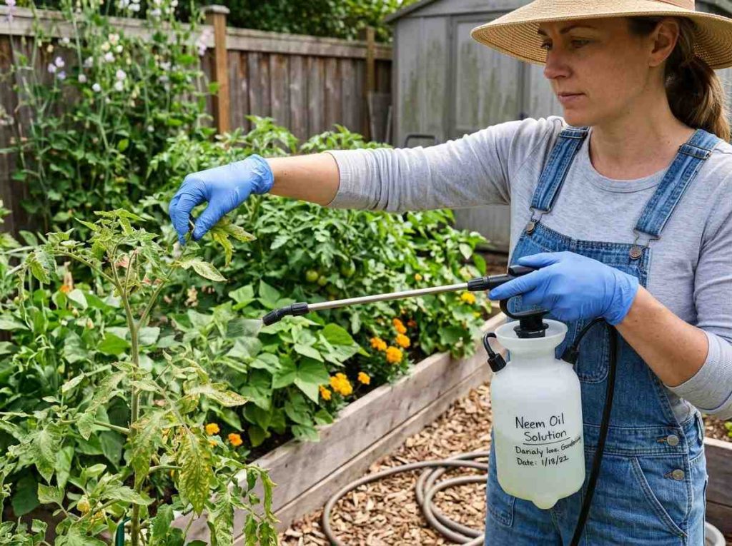 Red Spider Mite Treatment using natural neem oil spray on plant leaves