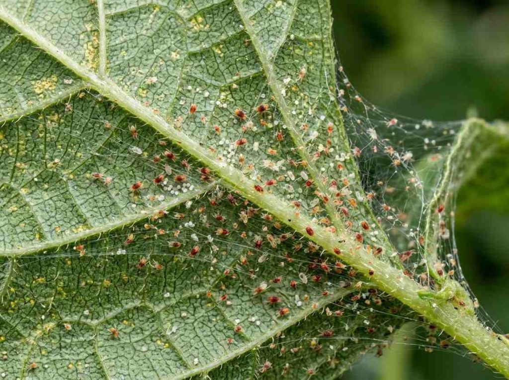 Close up of Spider Mite Leaf Damage on underside of leaves