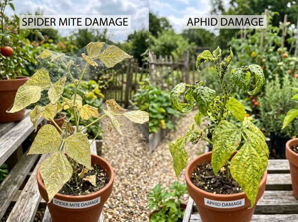 Spider Mites Vs Aphids showing side by side comparison on plant leaves